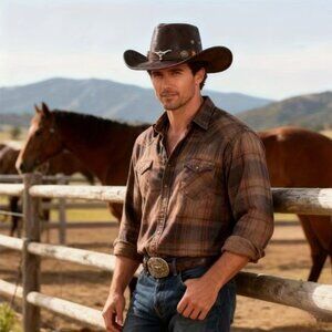 Western Hat Wide Brim Iconic Texas Longhorn on Hat Band Vegan Leather Boho Chic